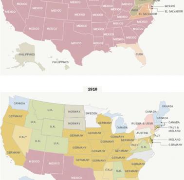 Gdzie urodziła się największa populacja imigrantów w każdym stanie USA, 2010 vs 1910