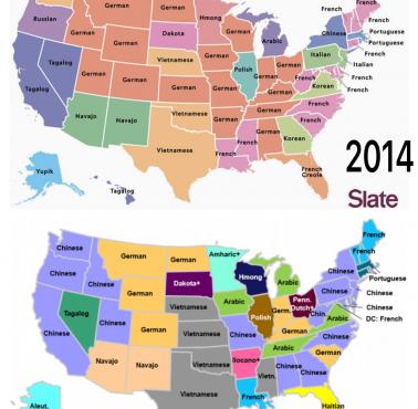 Trzeci pod względem popularności język w poszczególnych stanach USA, porównanie 2014 z 2020