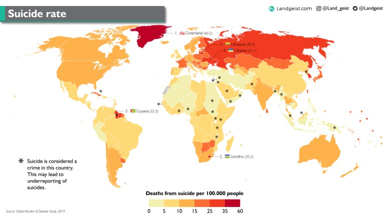 Wskaźniki samobójstw na świecie i gdzie jest uważany za przestępstwo, 2019