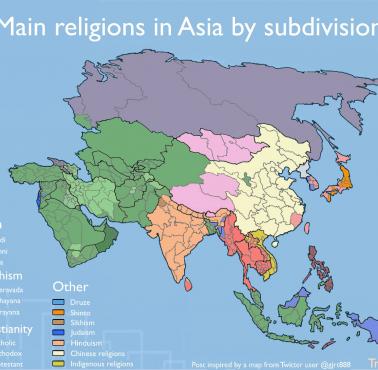 Dominujące religie w poszczególnych państwach Azji z podziałem na regiony