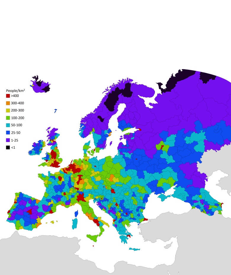 Gęstość zaludnienia Europy z podziałem na województwa/regiony od 2015 do 2020 roku, wikpedia