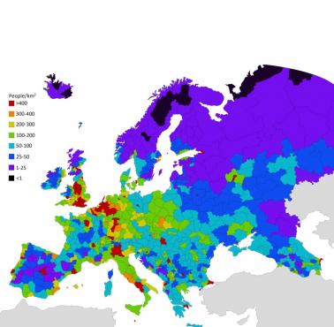 Gęstość zaludnienia Europy z podziałem na województwa/regiony od 2015 do 2020 roku, wikpedia