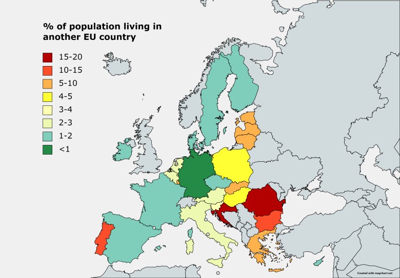 Procent ludności mieszkająca w innym kraju UE, Eurostat 2019