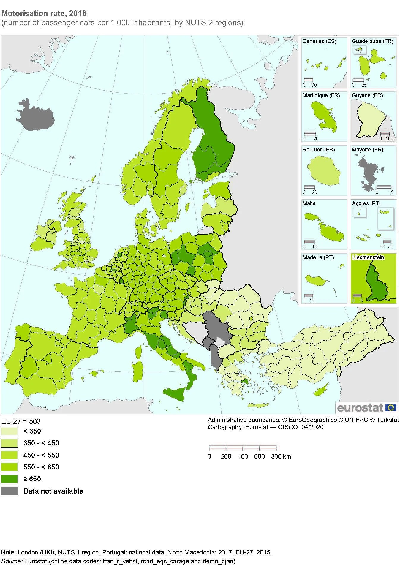 Liczba samochodów osobowych na 1000 mieszkańców Unii, 2018