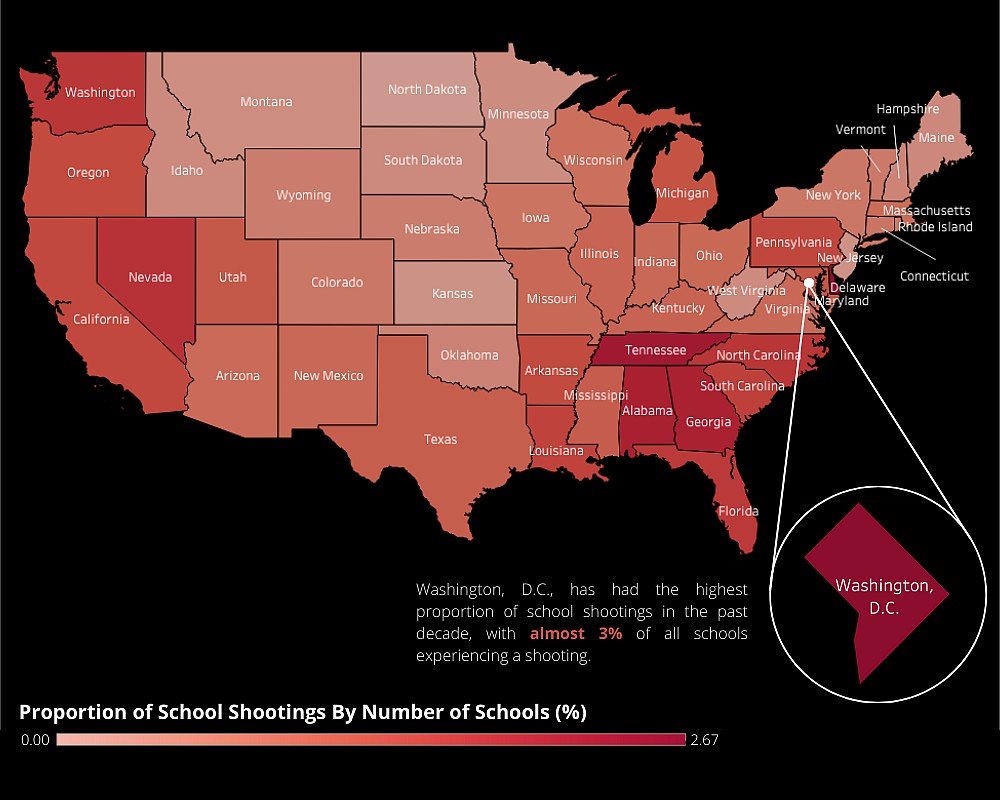 Strzelaniny w szkołach w USA z podziałem na stany, 1990-2021