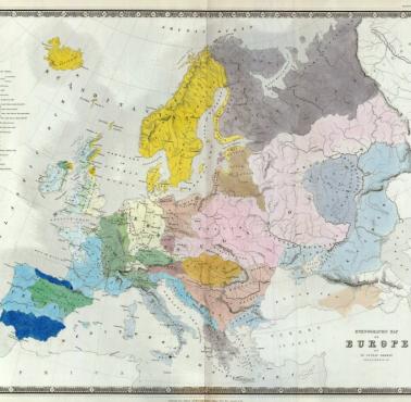 Mapa etnograficzna Europy autorstwa dr Gustafa Kombsta, 1856