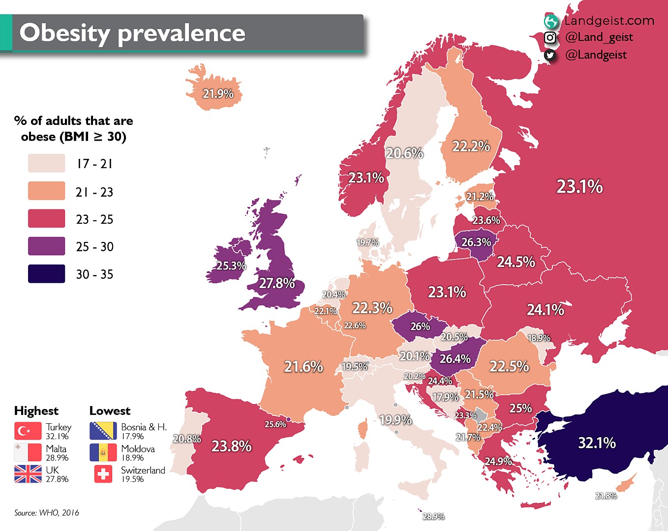 Odsetek ludzi otyłych (wśród dorosłych) w Europie, 2016