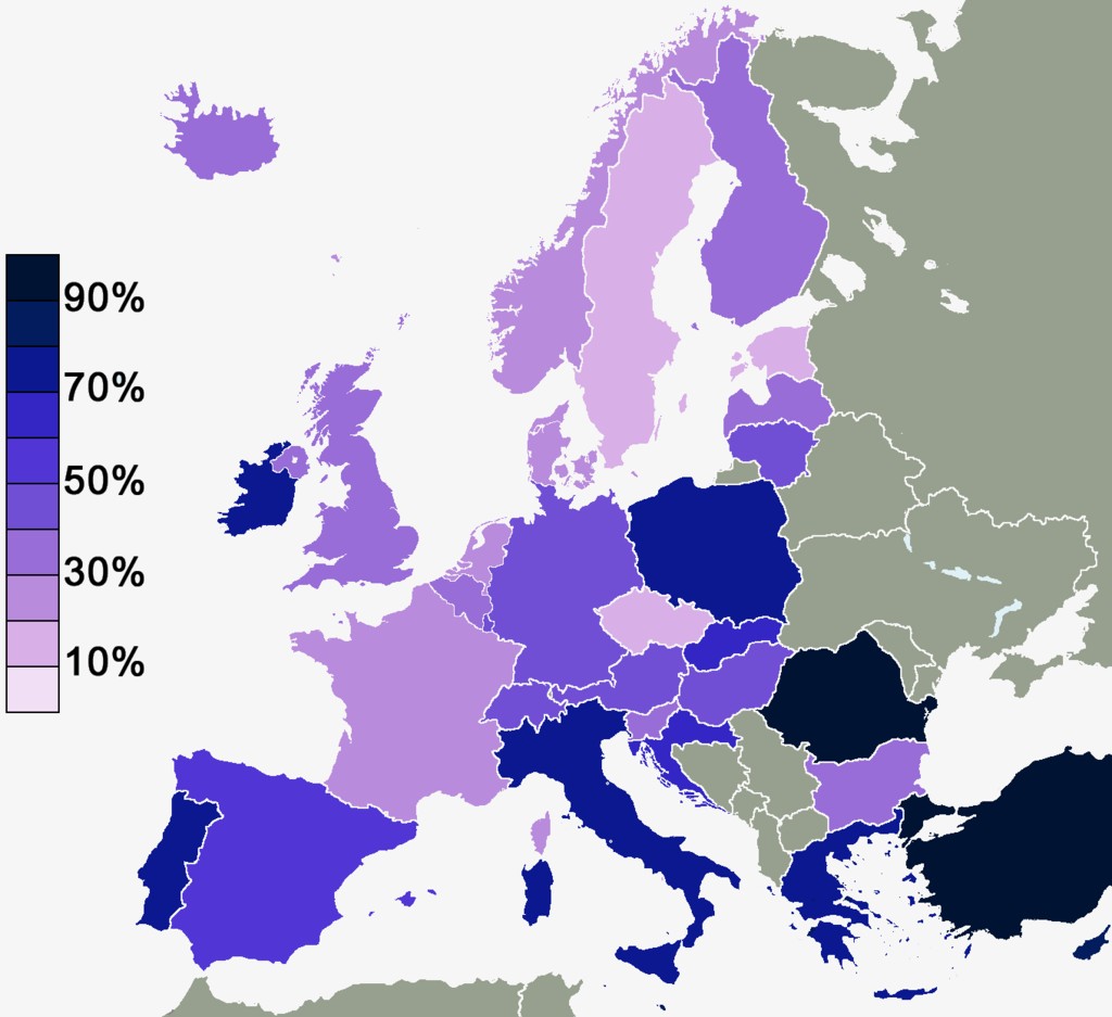 Odsetek ludności wierzącej w Boga w Europie, 2010, wikipedia