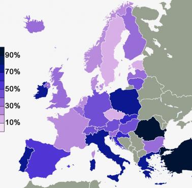 Odsetek ludności wierzącej w Boga w Europie, 2010, wikipedia