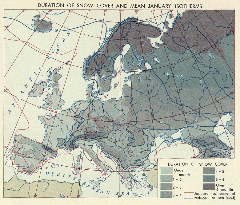 Czas trwania pokrywy śnieżnej w Europie około 1967 roku