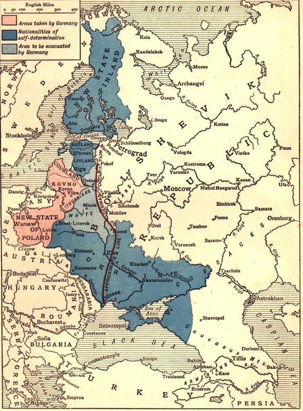 Granice powojennej Europy Wschodniej w wyniku podpisanego traktatu brzeskiego w 1918 roku