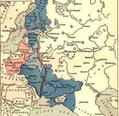 Granice powojennej Europy Wschodniej w wyniku podpisanego traktatu brzeskiego w 1918 roku