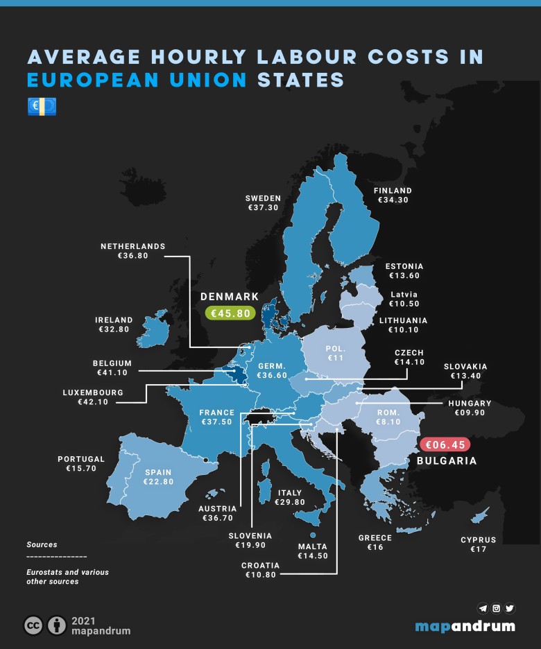 Średnie godzinowe koszty pracy w krajach Unii (EU), 2021