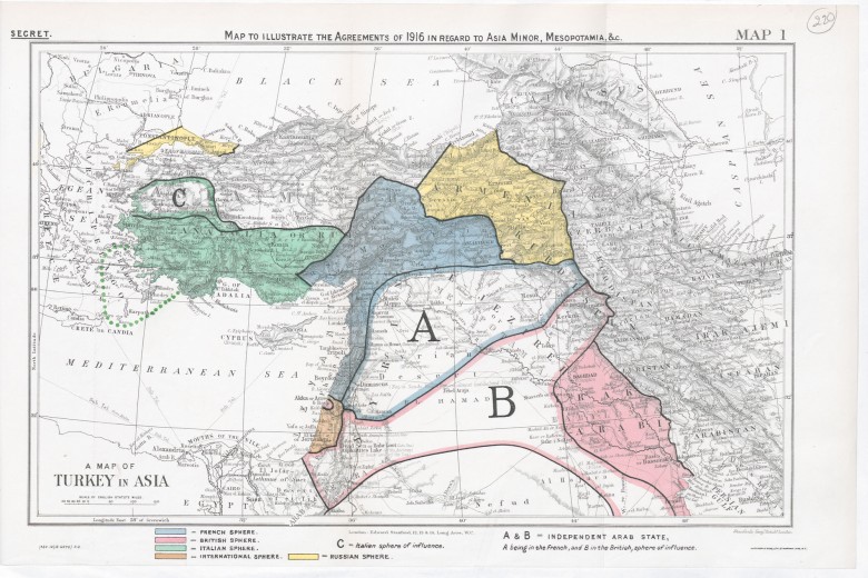 Geopolityka: Rozbiory Imperium Osmańskiego ustalone w 1916 między Wielką Brytanią, Francją, Włochami i Rosją, umowa Sykes-Picot