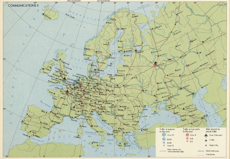 Główne linie kolejowe, główne lotniska, porty morskie i rzeczne w Europie, 1967