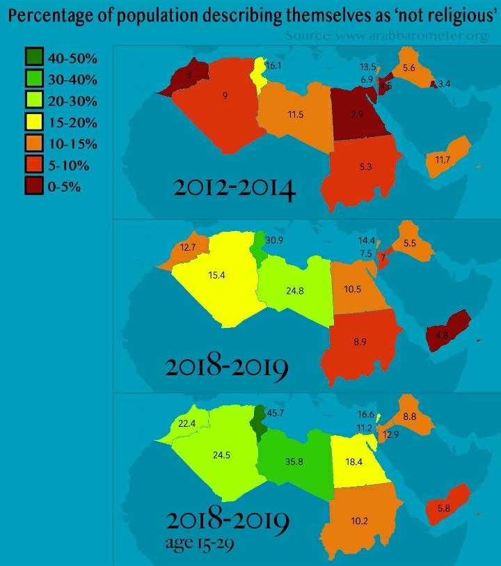 Odsetek mieszkańców krajów Afryki Północnej i Bliskiego Wschodu, którzy twierdzą, że nie są religijni, 2012-2014, 2018-2019