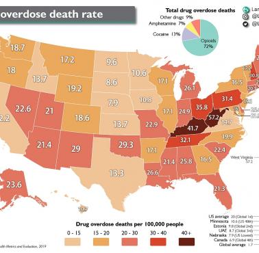 Śmierć w USA z powodu przedawkowania narkotyków z podziałem na stany, 2019