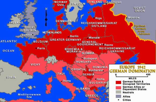 Niemcy u szczytu potęgi pod koniec 1942 roku z podziałem na rodzaj okupacji - Reichskommissariat i Militärverwaltung