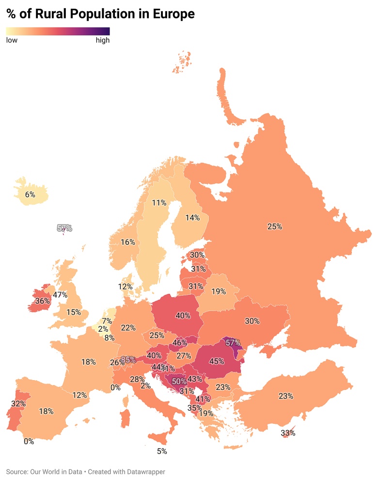 Odsetek ludności krajów europejskich mieszkających na obszarach wiejskich, 2023
