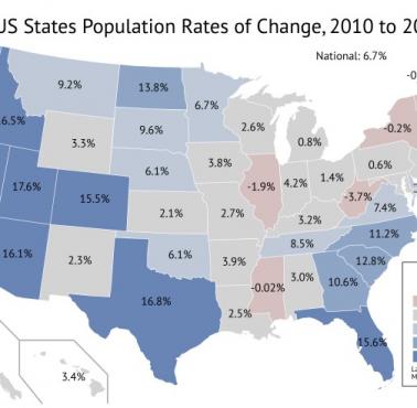 Współczynnik zmian populacji Stanów Zjednoczonych z podziałem na stany w latach 2010–2020