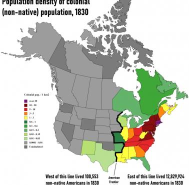 Mapa Ameryki Północnej w 1830 roku, tylko 1% białych Amerykanów mieszkało na zachód od zaznaczonej linii