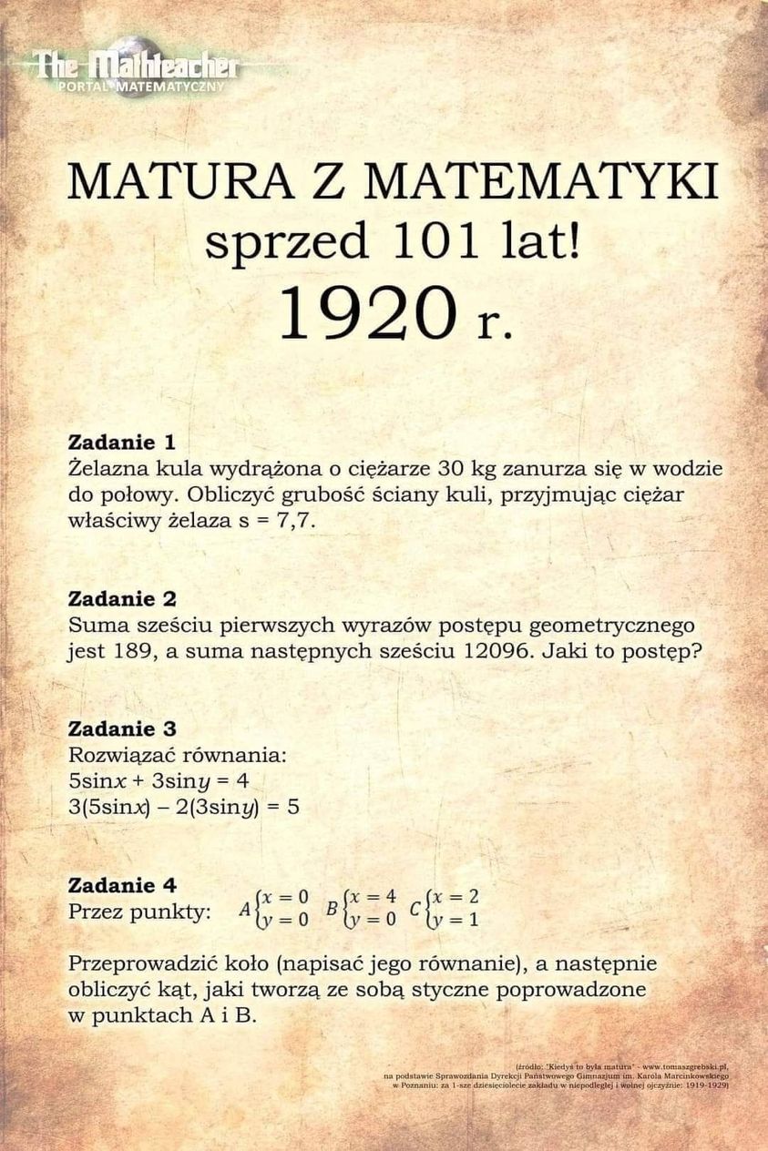 Matura z matematyki z 1920 roku