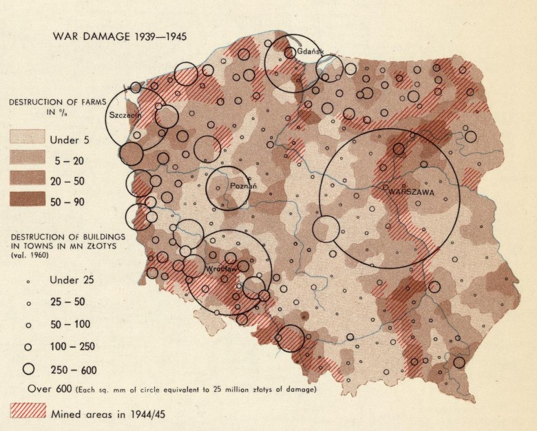 Mapa Polski z 1967 przedstawiająca zniszczenia wojenne 1939-1945