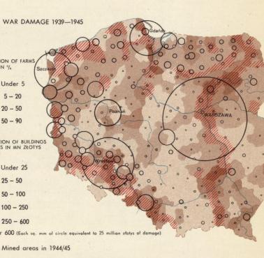 Mapa Polski z 1967 przedstawiająca zniszczenia wojenne 1939-1945