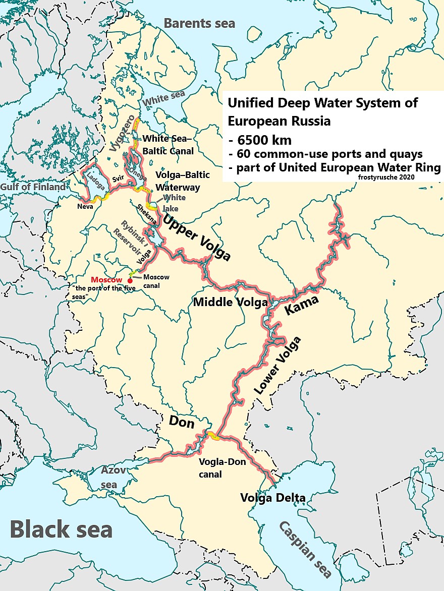 System rzeczny Rosji łączący Morze Kaspijskie, Czarne, Białe i Bałtyckie, gdzie gwarantowana głębokość wynosi co najmniej 4 m