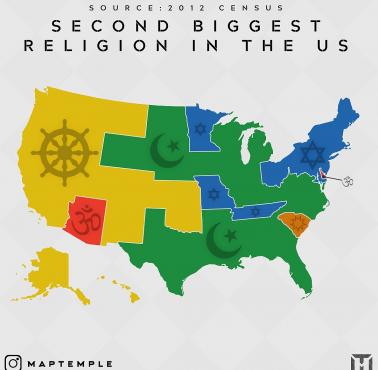 Druga religia pod względem popularności w poszczególnych stanach USA, 2012