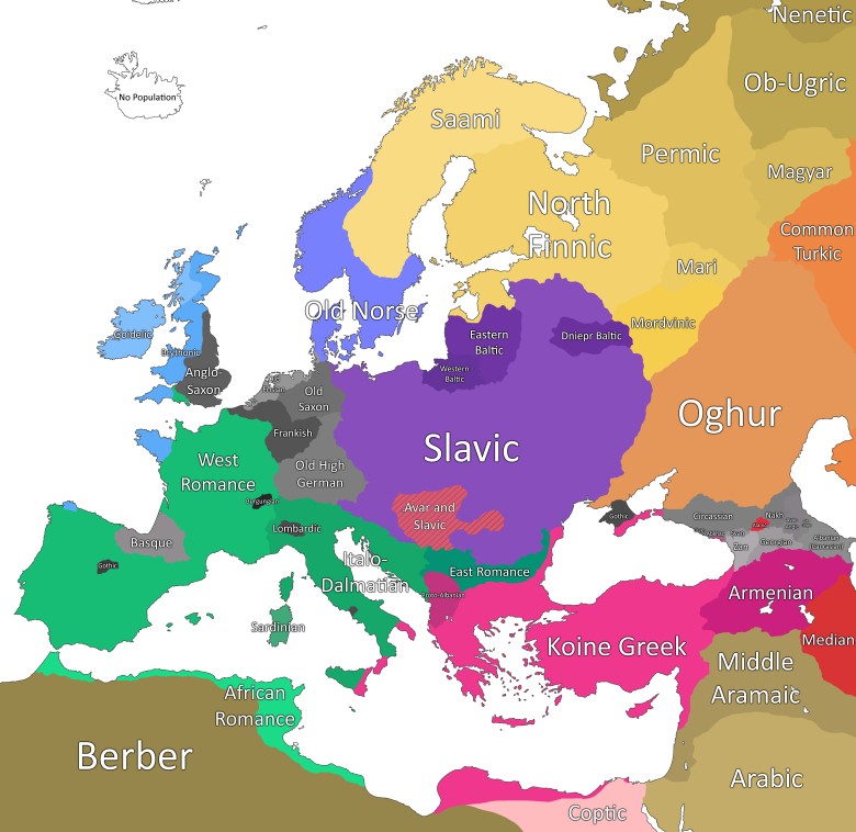 Mapa języków europejskich w roku 600 roku n.e.