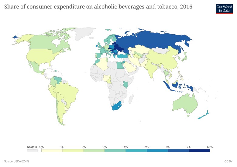 Środki wydawane na alkohol i papierosy jako procent wydatków gospodarstwa domowego, 2016