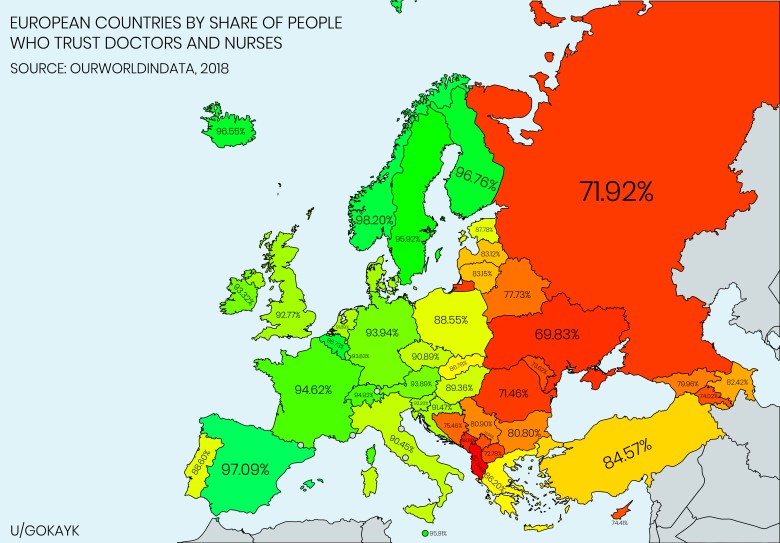 Odsetek osób ufających lekarzom i pielęgniarkom w Europie, 2018