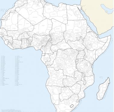 Mapa etniczno-językowa Afryki z naniesionymi obecnymi granicami