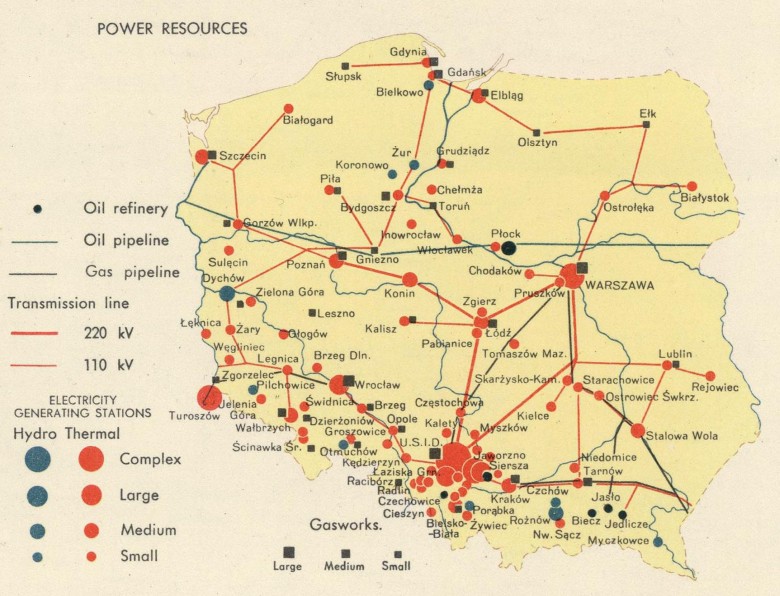 Mapa Polski z 1967 roku z miejscami produkcji energii, lokalizacją rafinerii i rurociągów