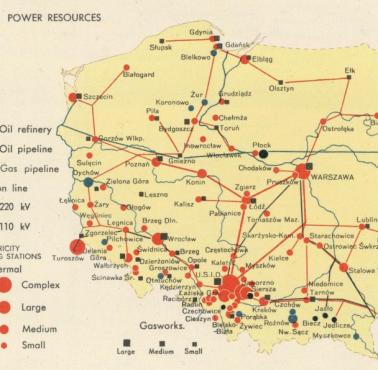 Mapa Polski z 1967 roku z miejscami produkcji energii, lokalizacją rafinerii i rurociągów