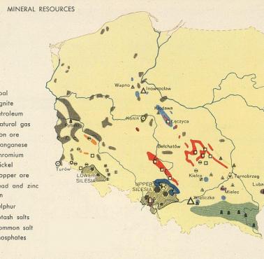 Mapa Polski z 1967 roku z zasobami surowców