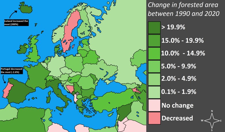 Zalesienie Europy w latach 1990-2020