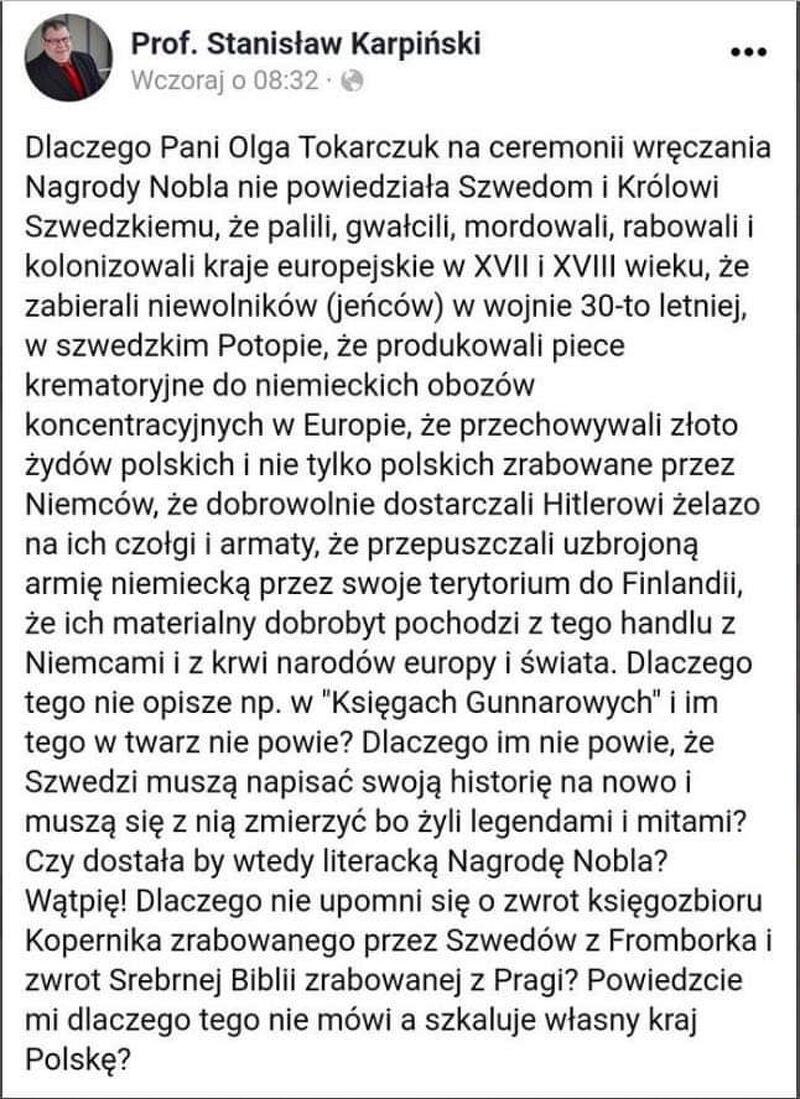 Apel do Pani Tokarczuk ..... Dlaczego?, prof. Stanisław Mariusz Karpiński