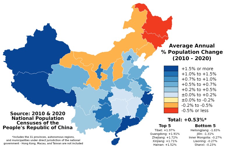 Wzrost liczby ludności w Chinach kontynentalnych w latach 2010-2020