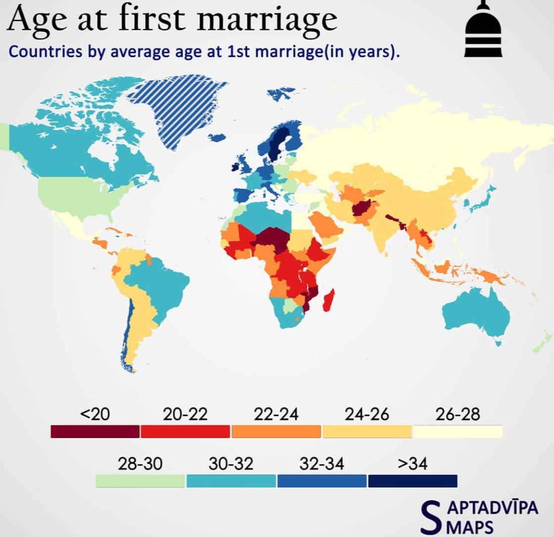 Mapa średniego wieku zawierania pierwszego małżeństwa na świecie