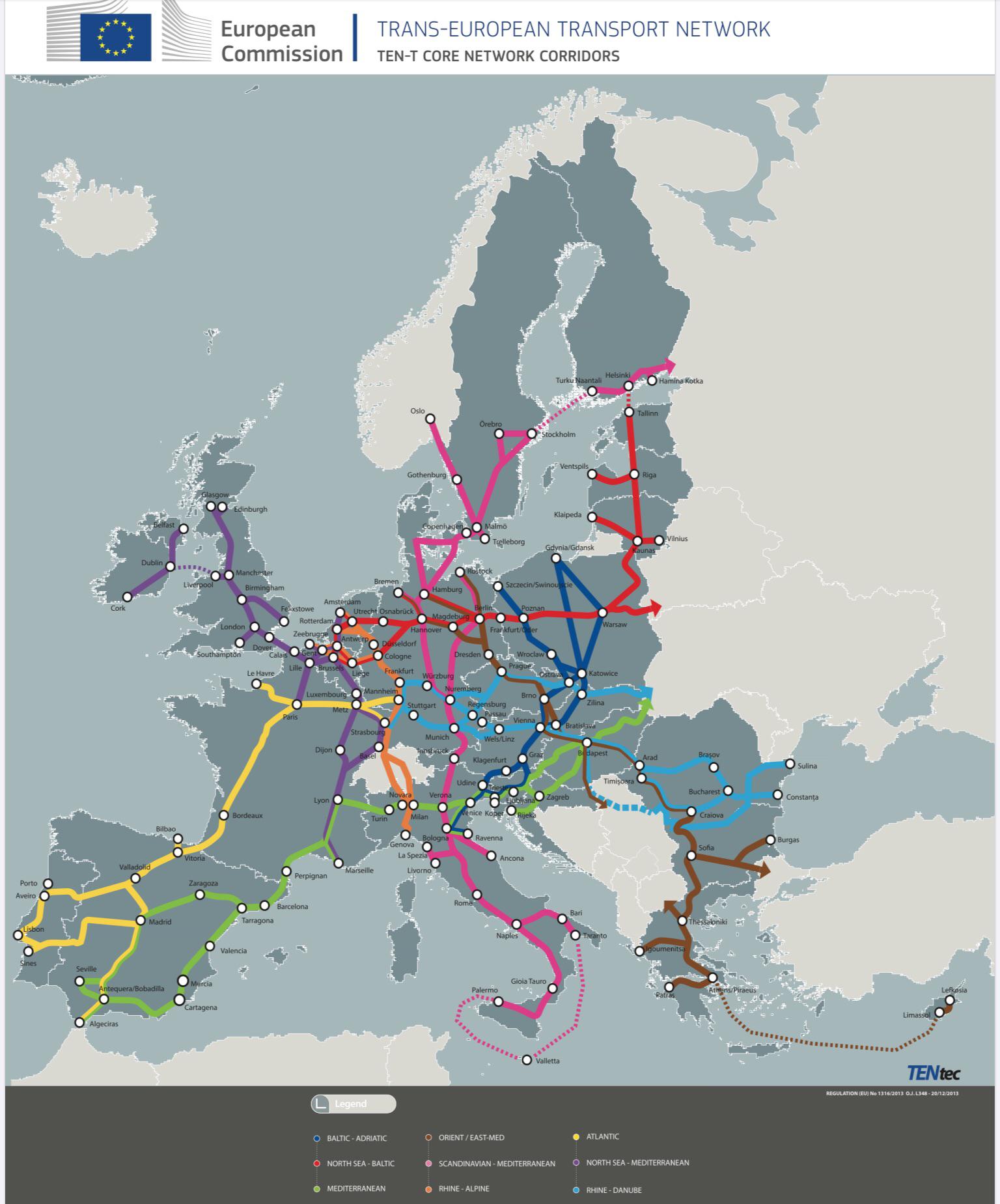 Geopolityka: Główne korytarze transeuropejskiej sieci transportowej. Widoczny brak uwzględnienia interesów RP