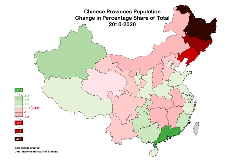 Wzrost liczby ludności w Chinach (z podziałem na prowincje) w latach 2010-2020