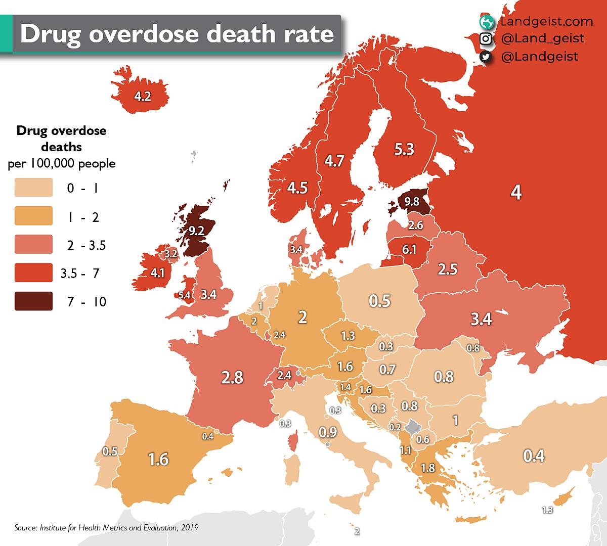 Wskaźniki śmiertelności z powodu przedawkowania narkotyków w Europie na 100 tys. mieszkańców, 2019