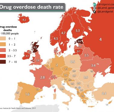 Wskaźniki śmiertelności z powodu przedawkowania narkotyków w Europie na 100 tys. mieszkańców, 2019