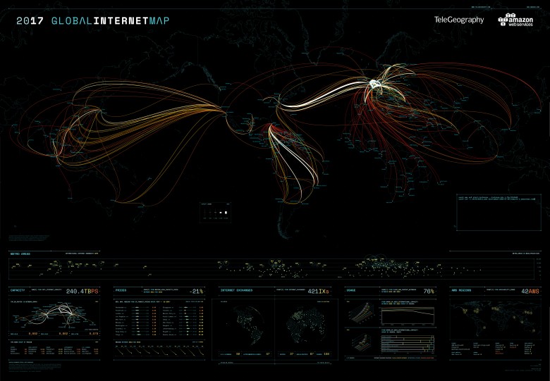 Globalna mapa internetowa, intensywność użytkowania/ruch (bez Chin), 2017