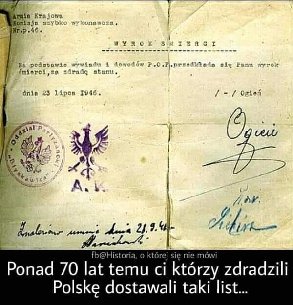 Wyrok śmierci wydawany przez ostatnie oddziały WP II RP na kolaborantów i zdrajców, 1946