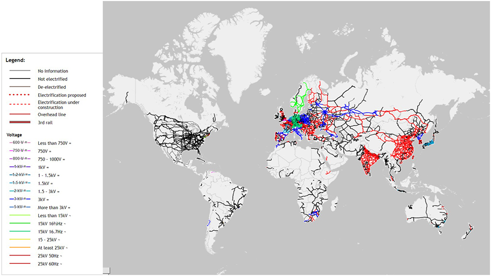 Sieć kolejowa na świecie z podziałem na napięcie trakcji