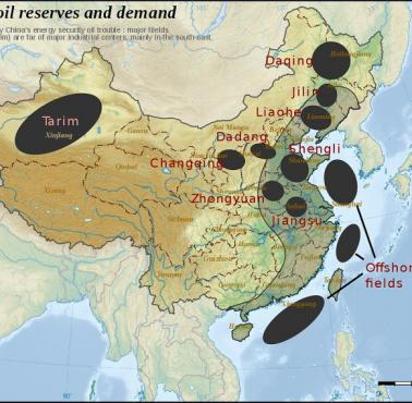 Chińskie rezerwy ropy naftowej z naniesionymi złożami