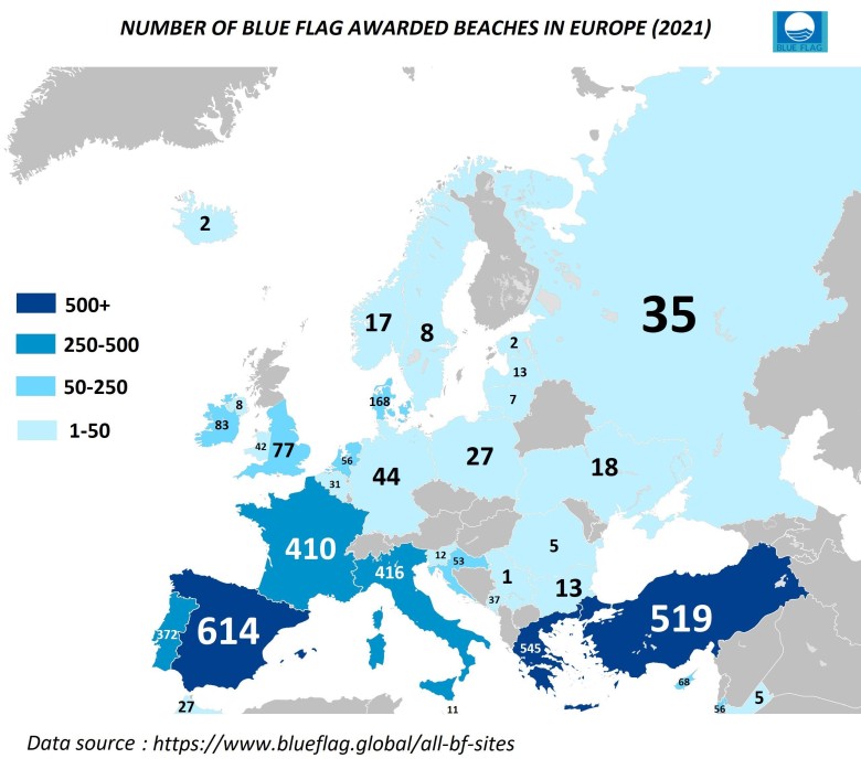 Plaże oznaczone Błękitną Flagą w Europie, 2021